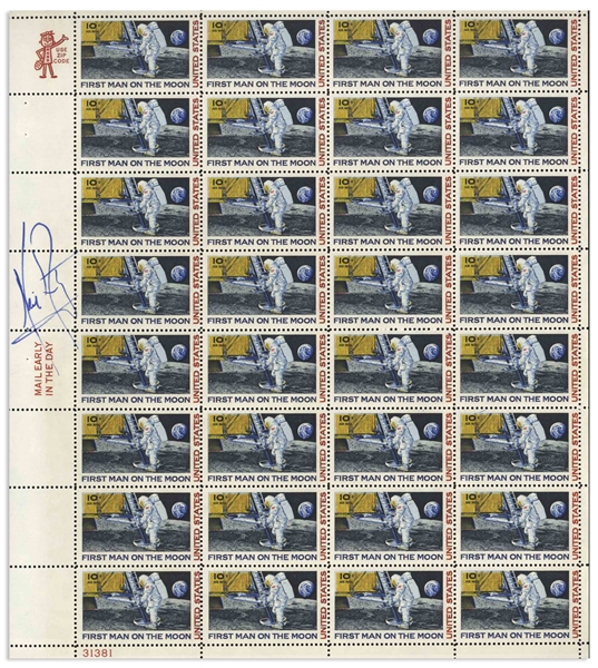 Neil Armstrong Signed Sheet of C76 ''First Man on the Moon'' Stamps, Issued in 1969